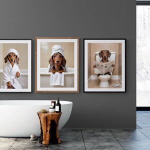 Dachshund Bathroom prints | Weiner dog on toilet, dog in bathtub posters | Bathroom art for dachshund lovers , Dachshund in Bathroom Prints | Sausage dog on toilet wall art, doxie in bath tub |   dachshund dog owners