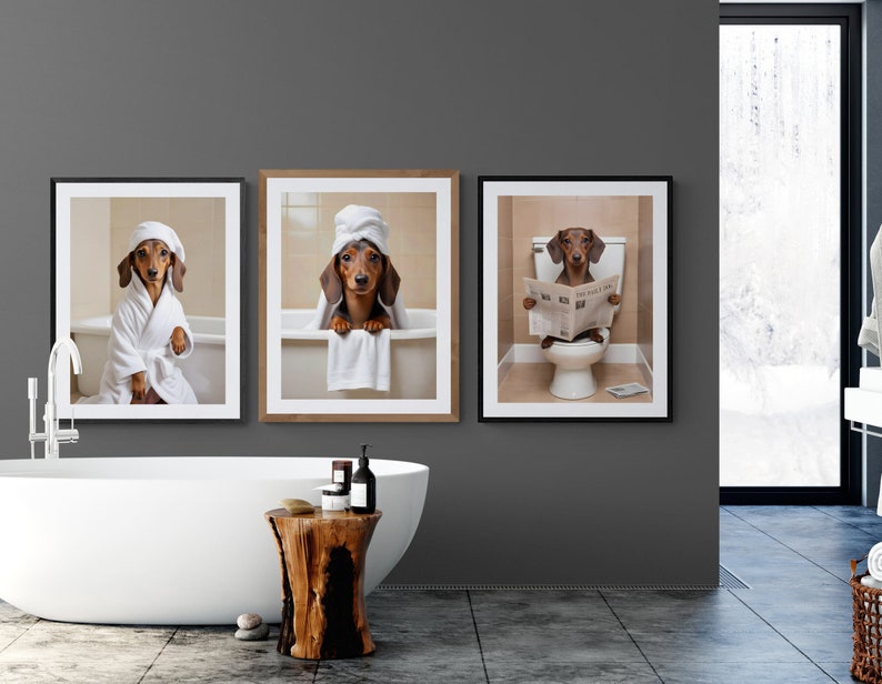Dachshund Bathroom prints | Weiner dog on toilet, dog in bathtub posters | Bathroom art for dachshund lovers , Dachshund in Bathroom Prints | Sausage dog on toilet wall art, doxie in bath tub |   dachshund dog owners