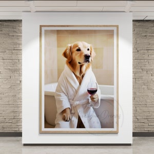 golden retriever in bathtub poster, golden retriever wall art ideas for decor, golden retriever on toilet reading newspaper print, posters for kids bathroom, wall art for golden retriever owners families, golden retriever art posters