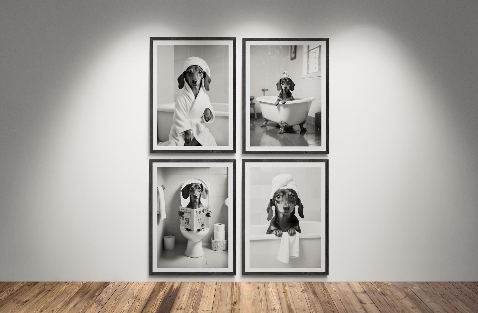 Dachshund Bathroom prints | Weiner dog on toilet and dog in bath tub posters | Black & White bathroom art for dog lovers set of 4 - DIGITAL