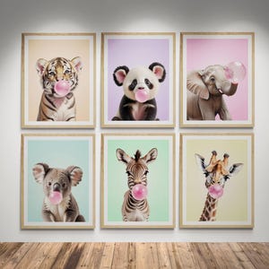 Bubble Gum Art, Safari Animal Bubble Gum Wanddrucke, Bunte Kinder Wand Kunst Dekor - Wählen Sie zwischen Drucken, gerollt oder in der Galerie gewickelte Leinwand