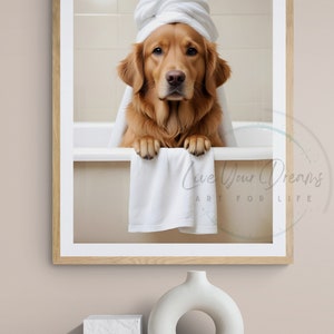golden retriever wall art ideas for the kids bathroom decor, golden retriever on toilet reading newspaper print, posters for kids bathroom, wall art for golden retriever owners families, golden retriever art posters