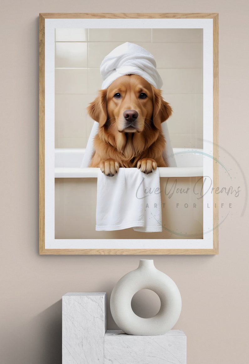 golden retriever wall art ideas for the kids bathroom decor, golden retriever on toilet reading newspaper print, posters for kids bathroom, wall art for golden retriever owners families, golden retriever art posters