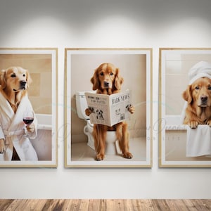 golden retriever wall art ideas for the kids bathroom decor, golden retriever on toilet reading newspaper print, posters for kids bathroom, wall art for golden retriever owners families, golden retriever art posters