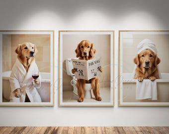 Golden Retriever Art, Dog Wall Decor for Kid Bathroom | Golden retriever dog on toilet and in bath tub art | bathroom sign- DIGITAL DOWNLOAD