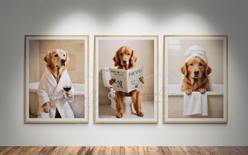golden retriever wall art ideas for the kids bathroom decor, golden retriever on toilet reading newspaper print, posters for kids bathroom, wall art for golden retriever owners families, golden retriever art posters