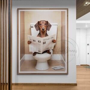 Dachshund Bathroom prints | Weiner dog on toilet, dog in bathtub posters | Bathroom art for dachshund lovers , Dachshund in Bathroom Prints | Sausage dog on toilet wall art, doxie in bath tub |   dachshund dog owners