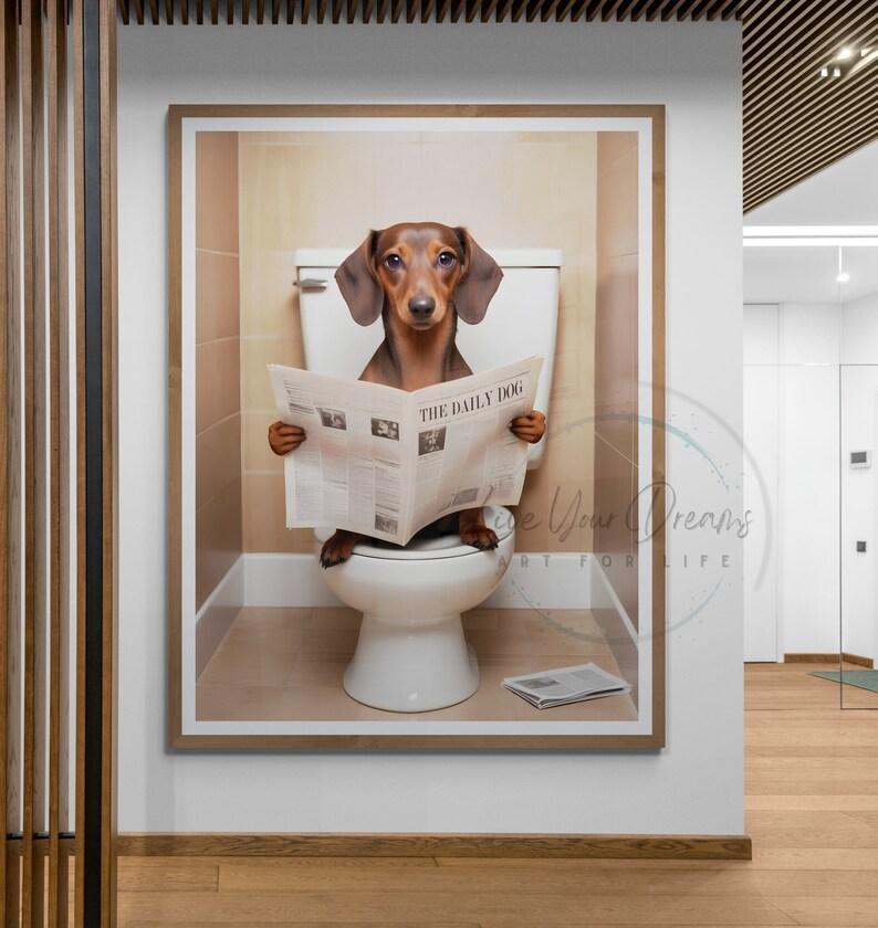 Dachshund Bathroom prints | Weiner dog on toilet, dog in bathtub posters | Bathroom art for dachshund lovers , Dachshund in Bathroom Prints | Sausage dog on toilet wall art, doxie in bath tub |   dachshund dog owners