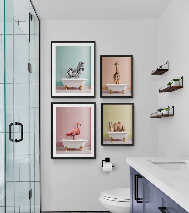 Colorful Kids Bathroom Art, Safari Animals in Bathtubs, Kids Bathroom ...