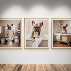 Frenchie Dog Wall Art for Bathroom | French Bulldog on toilet and dog in bath tub posters | Bathroom art for dog lovers - DIGITAL DOWNLOAD