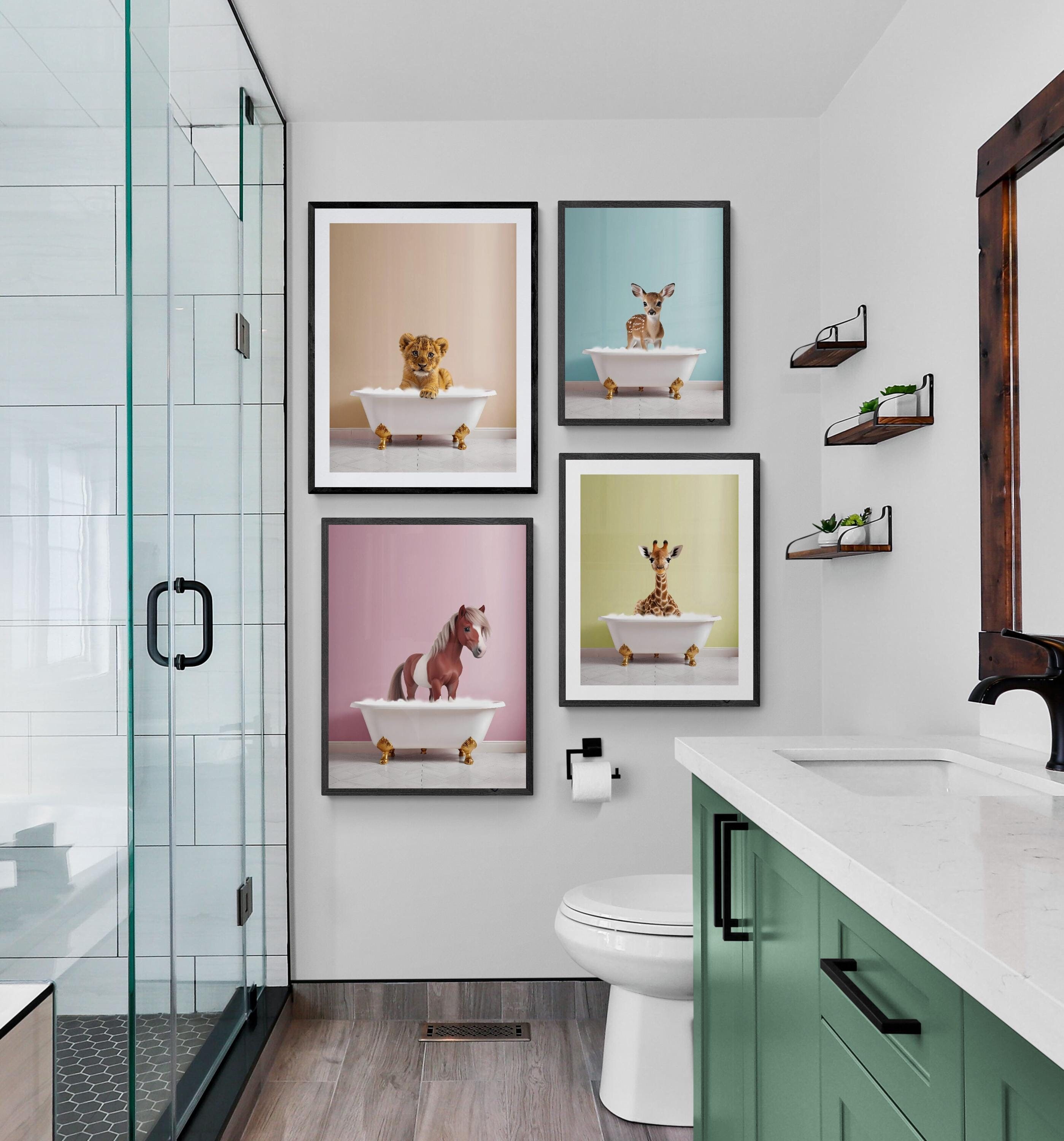 Childrens Bathroom Art Prints, Baby Safari Animals in Bathtubs, Kids