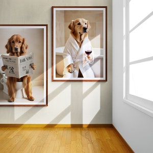 golden retriever wall art ideas for the kids bathroom decor, golden retriever on toilet reading newspaper print, posters for kids bathroom, wall art for golden retriever owners families, golden retriever art posters