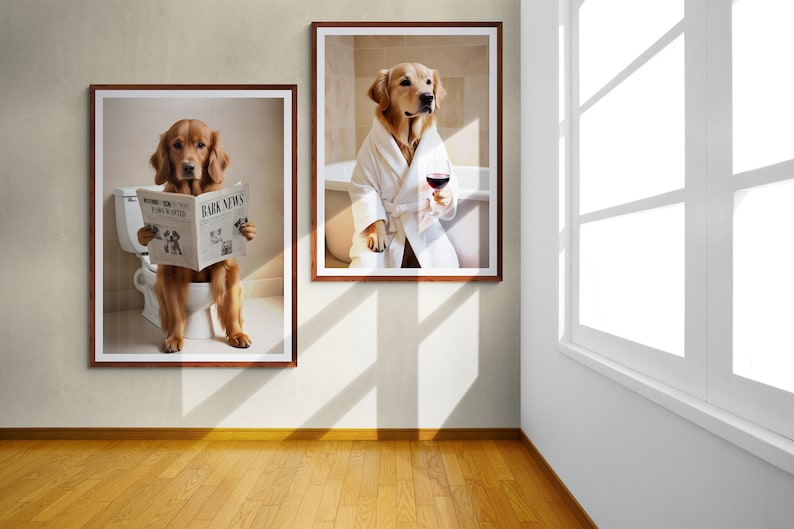 golden retriever wall art ideas for the kids bathroom decor, golden retriever on toilet reading newspaper print, posters for kids bathroom, wall art for golden retriever owners families, golden retriever art posters