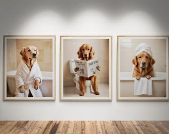 May include: Three framed prints of a golden retriever dog in a bathroom setting. The dog is wearing a white bathrobe, reading a newspaper, and wearing a towel on its head.