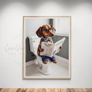Cute dog on toilet reading newspaper, Dachshund on toilet Art, Funny Dog on Toilet, Bathroom Art for dog owners,  -Digital, Print or Canvas