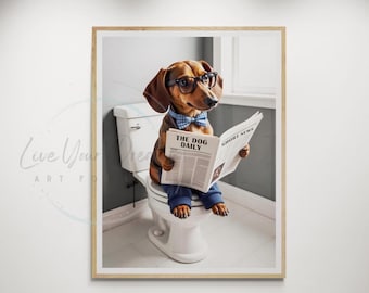 Cute dog on toilet reading newspaper, Dachshund on toilet Art, Funny Dog on Toilet, Bathroom Art for dog owners,  -Digital, Print or Canvas