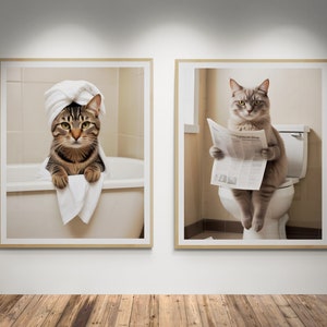 Cat on toilet reading newspaper & cat in bath tub Cat |  Tabby Cat Prints for Bathroom, set of 2 cat prints for Bathroom -DIGITAL DOWNLOAD
