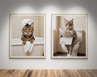 Cat on toilet reading newspaper & cat in bath tub Cat |  Tabby Cat Prints for Bathroom, set of 2 cat prints for Bathroom -DIGITAL DOWNLOAD