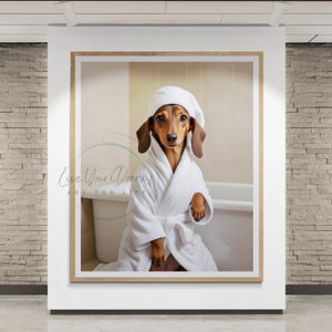 Dachshund Bathroom prints | Weiner dog on toilet, dog in bathtub posters | Bathroom art for dachshund lovers , Dachshund in Bathroom Prints | Sausage dog on toilet wall art, doxie in bath tub | brown  dachshund dog owners