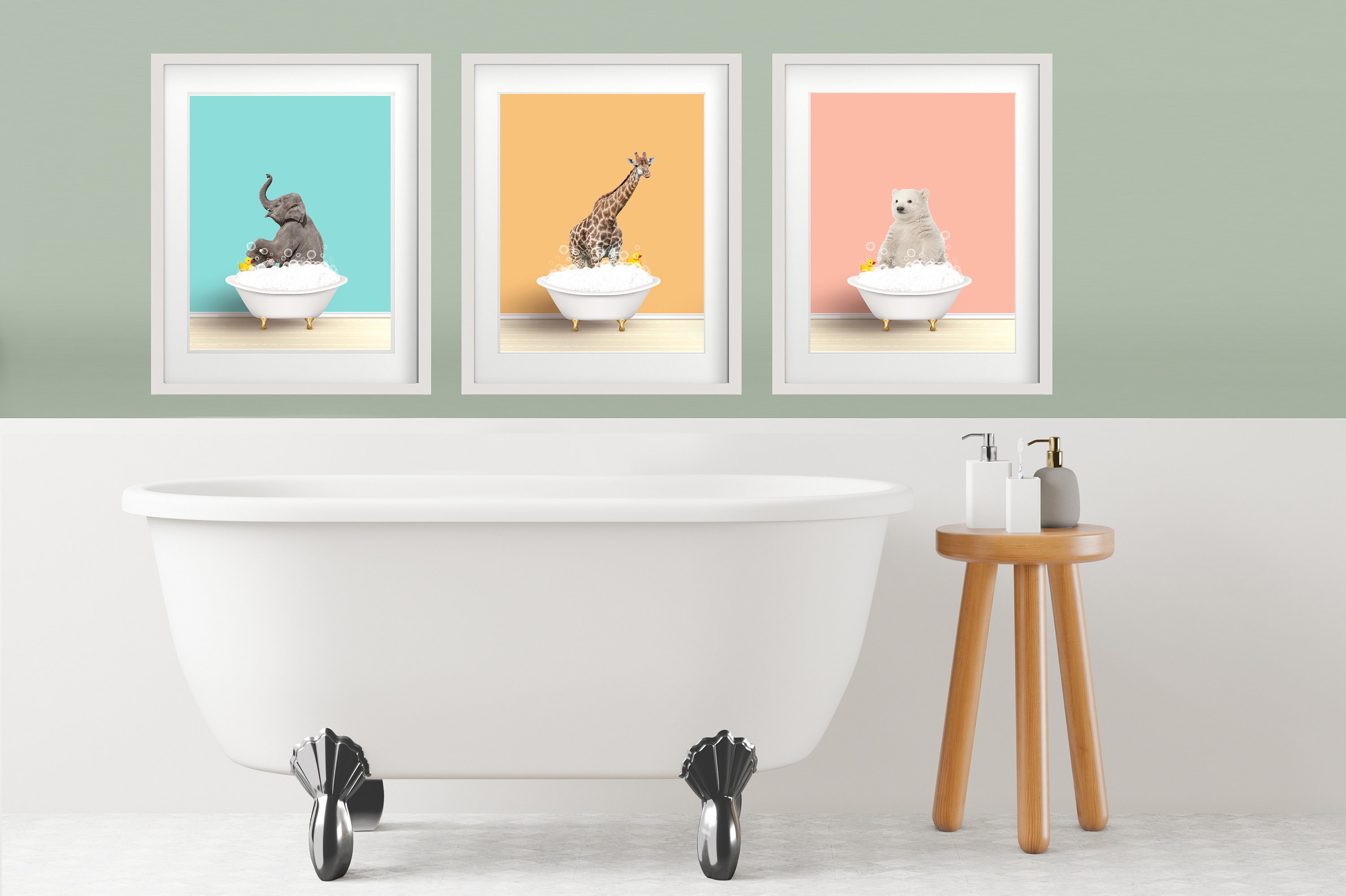 Kids Bathroom Art, Safari Animals in Bathtubs, Kids Bathroom Art Prints ...