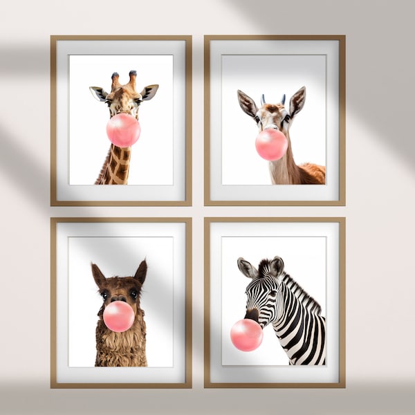 Bubble Gum Animal Prints, Safari Tiere Kinderzimmer Kunstdrucke, Bubble Gum Tierbilder, Safari Tiere Prints, Kunstdrucke fürs Kinderzimmer