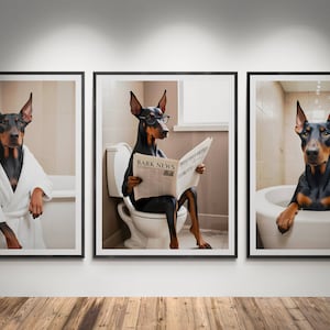 Doberman Wall Art, Doberman Bathroom prints | Doberman on toilet and in bath tub | For Doberman pinscher owners - Digital, Prints or Canvas