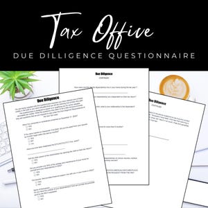 Puede incluir: Un cuestionario en blanco y negro titulado "Due Diligence Questionnaire" con el texto "Tax Office" en una fuente grande y estilizada en la parte superior. El cuestionario hace preguntas sobre dependientes, ingresos y apoyo financiero.
