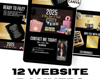 Modelo de banner para site de impostos: design editável do Canva (12 banners da web)