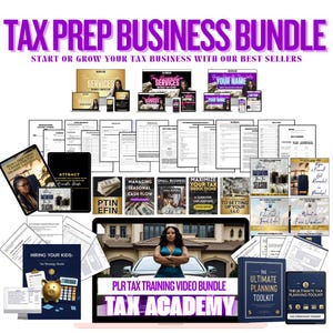 May include: A collection of digital products for tax preparation businesses. The image features various documents, tablets, and books, including guides on tax deductions, LLC setup, and seasonal cash flow. The text includes "Tax Prep Business Bundle" and "Tax Academy."