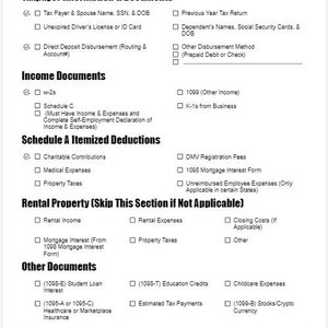 K&ouml;nnte beinhalten: Eine schwarz-wei&szlig;e Checkliste mit dem Titel "Client In-Take Checklist" mit Abschnitten f&uuml;r Steuerzahlerinformationen und -dokumente, Einkommensdokumente, Aufstellung der Einzelaufwendungen nach Anlage A, Mietobjekte (diesen Abschnitt &uuml;berspringen, wenn nicht zutreffend), Weitere Dokumente und Zus&auml;tzliche Informationen.