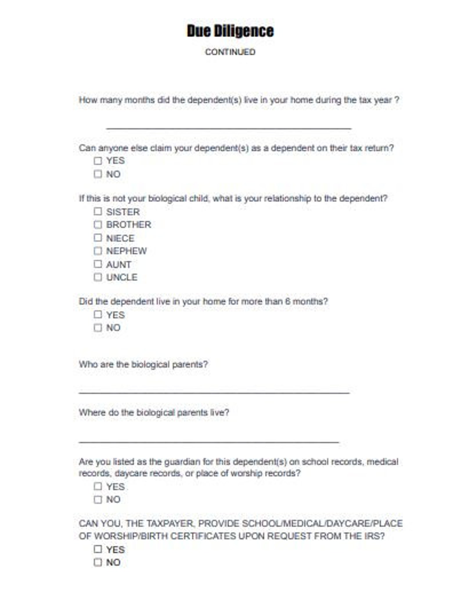 Tax Preparer Due Diligence Checklist Tax Office Forms (digital