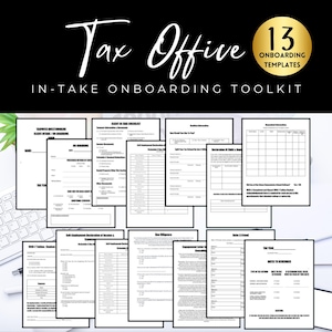 Puede incluir: Una imagen en blanco y negro de 13 plantillas de incorporación para una oficina de impuestos. Las plantillas incluyen formularios para la incorporación de clientes, la incorporación, el trabajo por cuenta propia, etc. El texto "Tax Office In-Take Onboarding Toolkit" está en la parte superior de la imagen.