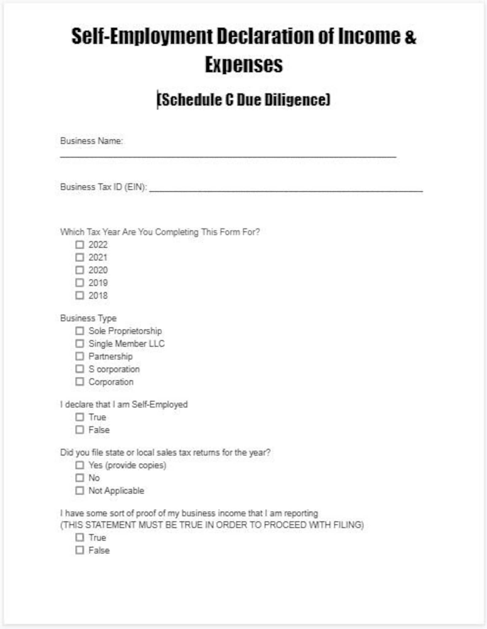 Self Employment Income Form.pdf Self-employment Income & Expenses Form (digital Download) - Etsy