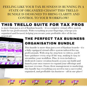 Könnte beinhalten: Werbebild für eine Trello-Suite für Steuerfachleute mit dem Text "The Perfect Tax Business Organisation Bundle". Das Bild zeigt ein virtuelles Büro-System mit Kanban-Boards, Schritt-für-Schritt-Videos und einem Kurs-Erstellungs-Board.