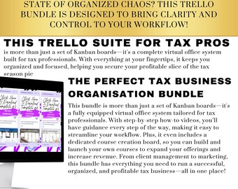 May include: A computer screen displays a Trello suite for tax professionals, with the text "The Perfect Tax Business Organisation Bundle." The image promotes a virtual office system with Kanban boards, step-by-step videos, and a course creation board.