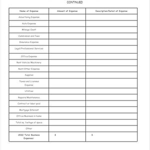 K&ouml;nnte beinhalten: Ein leeres Formular f&uuml;r Selbstst&auml;ndigkeitseinnahmen und -ausgaben mit Kategorien f&uuml;r Werbung, Auto, Kilometerstand, Provision, Versicherung, Recht, B&uuml;ro, Miete, Verbrauchsmaterialien, Steuern, Nebenkosten, Reparaturen, Vertragsarbeit, Hypothekenzinsen, B&uuml;rofl&auml;che und andere Ausgaben. Das Formular enth&auml;lt Spalten f&uuml;r den Namen der Ausgabe, den Betrag der Ausgabe und eine Beschreibung oder ein Detail der Ausgabe.