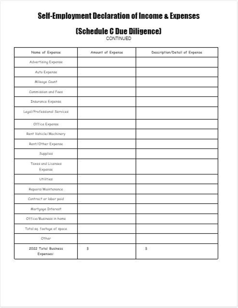 K&ouml;nnte beinhalten: Ein leeres Formular f&uuml;r Selbstst&auml;ndigkeitseinnahmen und -ausgaben mit Kategorien f&uuml;r Werbung, Auto, Kilometerstand, Provision, Versicherung, Recht, B&uuml;ro, Miete, Verbrauchsmaterialien, Steuern, Nebenkosten, Reparaturen, Vertragsarbeit, Hypothekenzinsen, B&uuml;rofl&auml;che und andere Ausgaben. Das Formular enth&auml;lt Spalten f&uuml;r den Namen der Ausgabe, den Betrag der Ausgabe und eine Beschreibung oder ein Detail der Ausgabe.