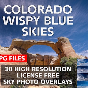 May include: 30 high-resolution, license-free sky photo overlays in JPG format. The images feature wispy blue skies with clouds over a natural rock arch.