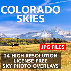 May include: 24 high-resolution, license-free sky photo overlays in JPG format. The images feature a variety of blue skies with clouds, including some with sunset colors. The text "COLORADO SKIES" is at the top of the image, and the text "JPG FILES" is in a red box at the bottom.