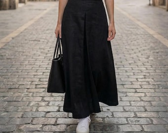Black Linen Maxi Skirt: High Waisted Pleated Long Minimalist Capsule Wardrobe