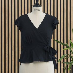 Black linen blouse, ruffled sleeve blouse, spring black blouse, ruffled summer blouse, wrap blouse, black linen top, designer women&#39;s blouse