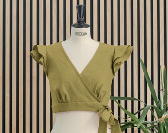 Moss green blouse, sleeveless evening top for women, linen cropped tie top, blouse with ruffles on the shoulder, top in trendy color.