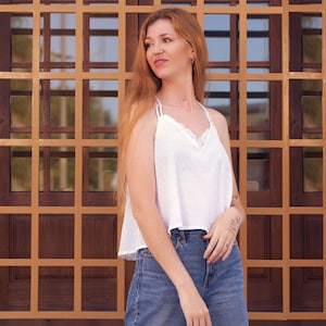White Cotton Cami Top, Women's  Cotton Camisole, Lace Trim Cotton Top, Summer Loose Tank Top, Elegant V- Neck Spaghetti-strap Top.