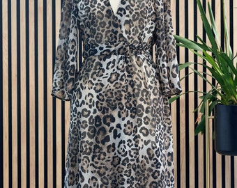 Animal print wrap dress, Flared Long Sleeve Dress, chiffon midi dress, A- line long summer dresses for women, long transparent dress.