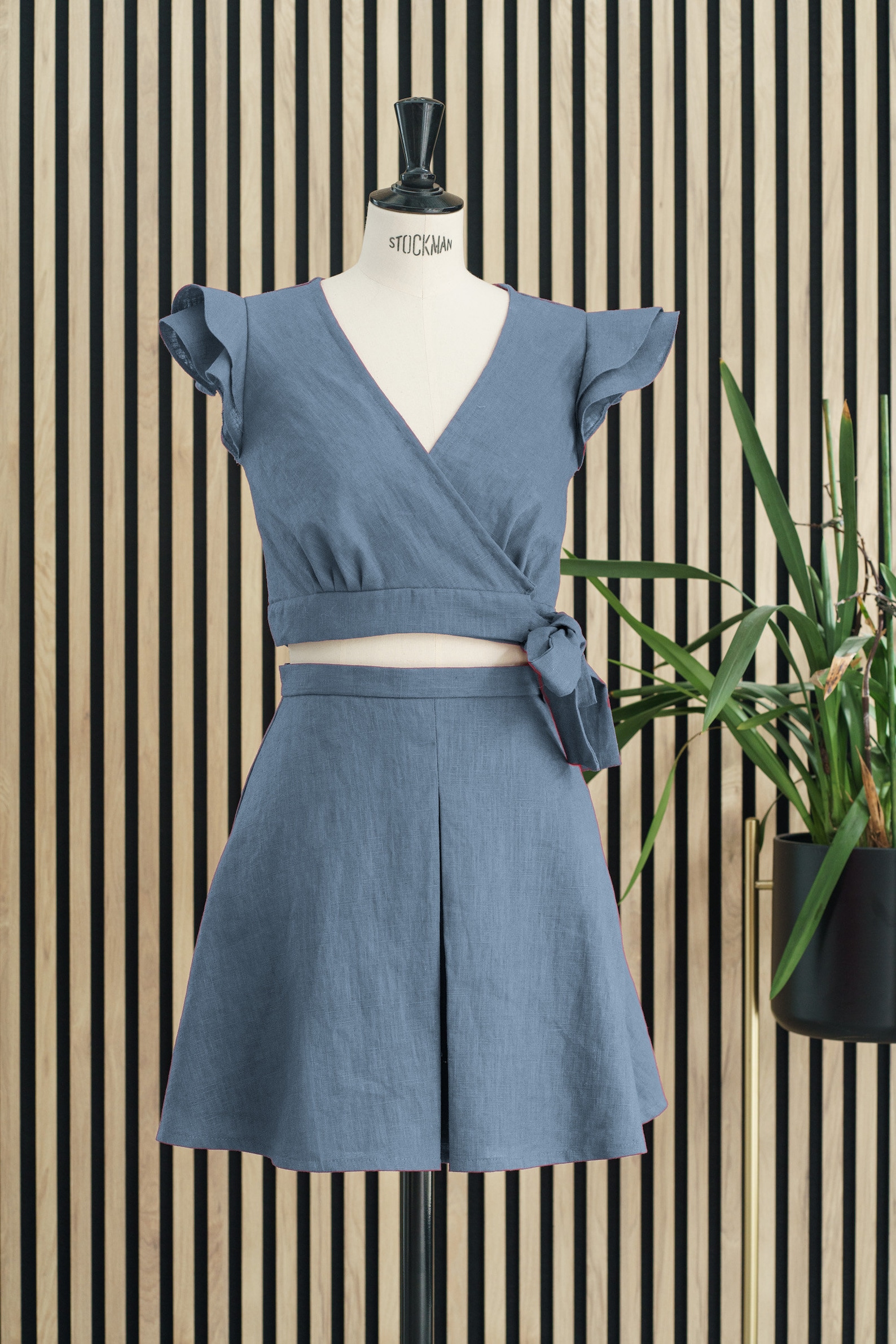 Elegant Dark Blue Cotton And Linen Blend Shirt Long Skirt Set
