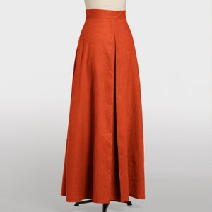 Linen full-length skirt, orange A-line skirt, flowy linen skirt with pleat, skirt with hidden pockets, flared long skirt for women.