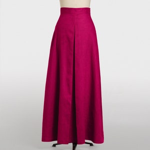 Langes Trompetenrockkleid, Kirsch-Maxirock für Frauen, taillierter Leinenrock mit hoher Taille für Kleid, ausgestellter Faltenrock mit Taschen. Bild 1