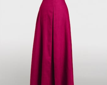 Langes Trompetenrockkleid, Kirsch-Maxirock für Frauen, taillierter Leinenrock mit hoher Taille für Kleid, ausgestellter Faltenrock mit Taschen.