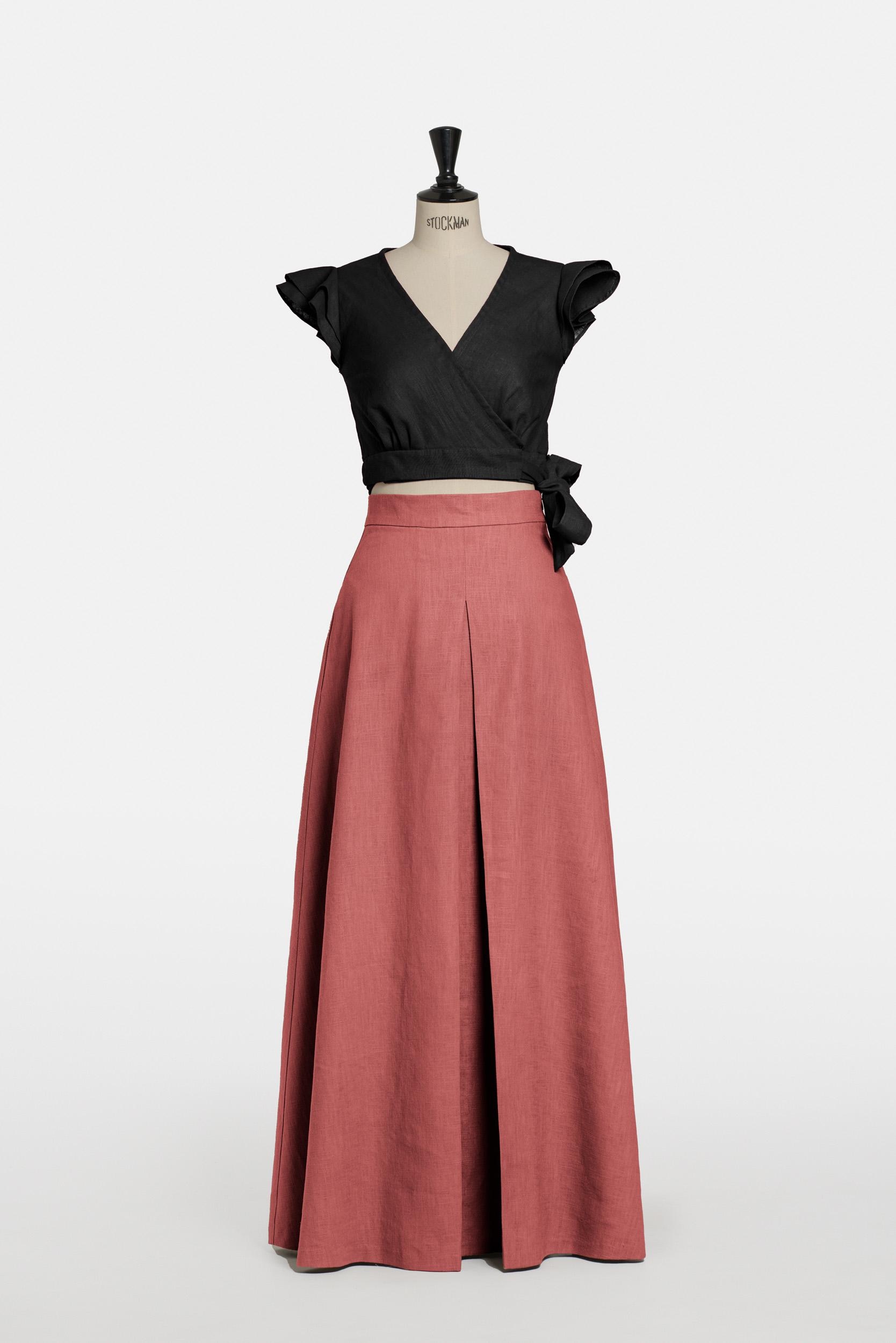 Elegant Peach Linen Maxi Skirt - High Waisted Long Skirt with Pockets, Flared Design, Sustainable Handmade Evening Attire