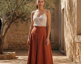 Custom Terracotta Linen Maxi Skirt, High Waisted Pleated, Made to Measure Pockets